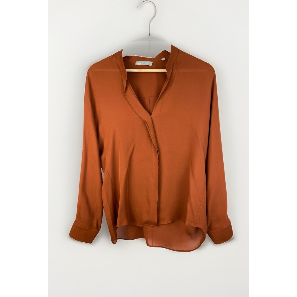 Vince Women's 4 Autumn Brown 100% Silk Long Sleeve V-Neck Pullover Blouse